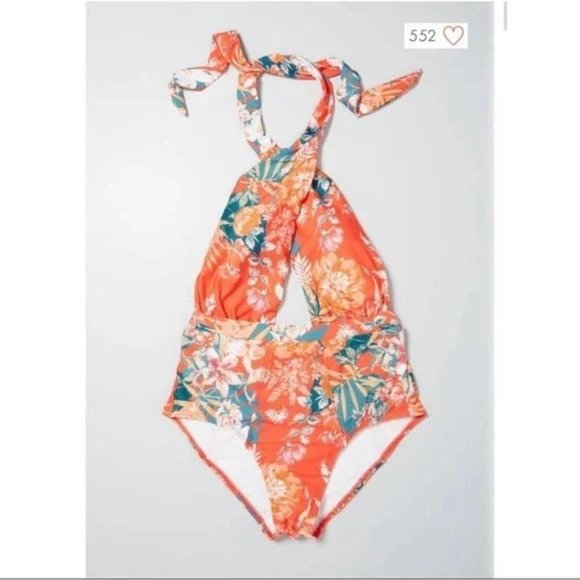 Modcloth Orange Floral Halter One Piece Swim Suit NEW - Picture 4 of 4